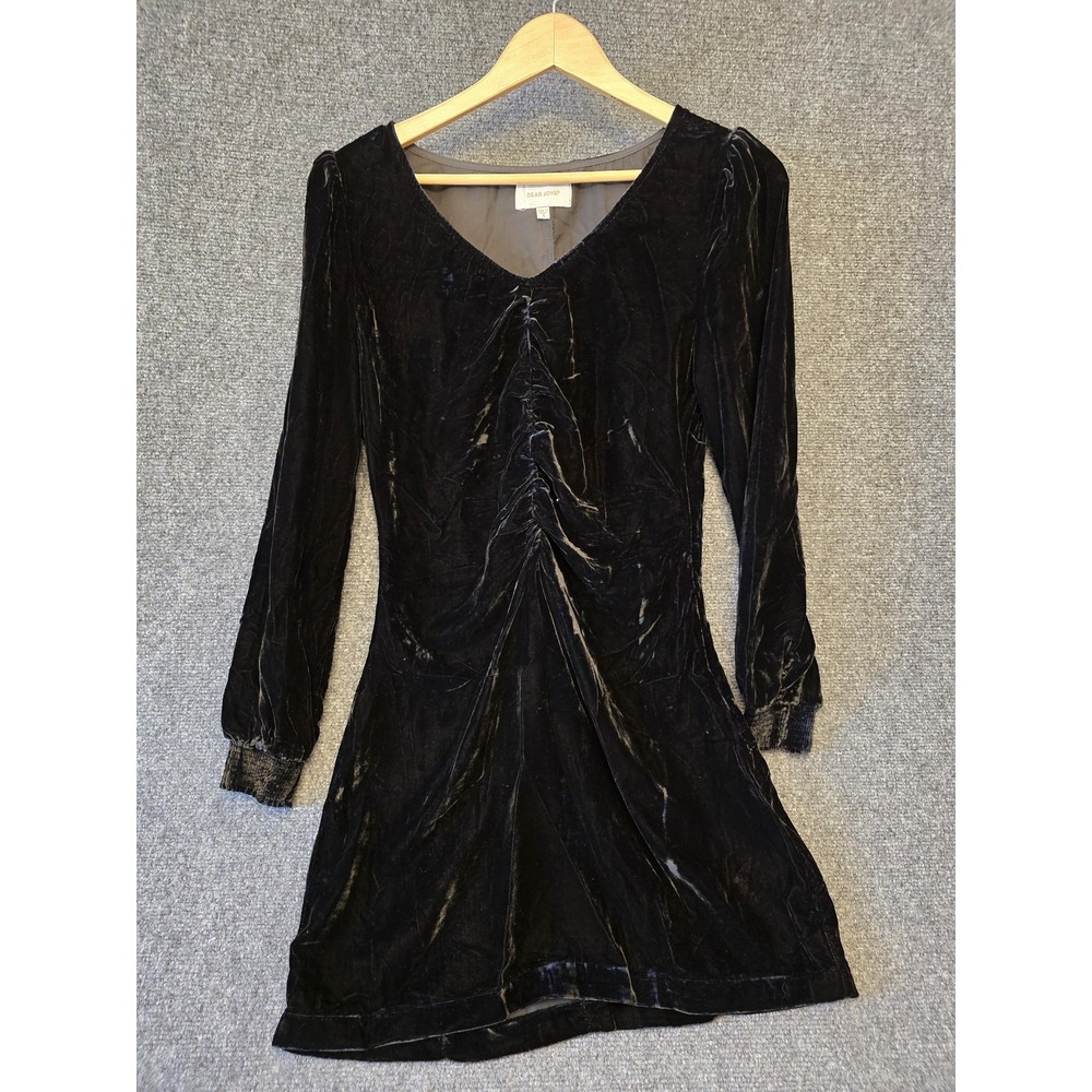 Dear John Dress Womens Small Black Velvet Ruched V Neck Long Sleeve Mini Party